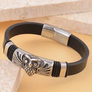 Unisex Silver Owl Vegan Leather Slide Lock Bracelet  8.5”